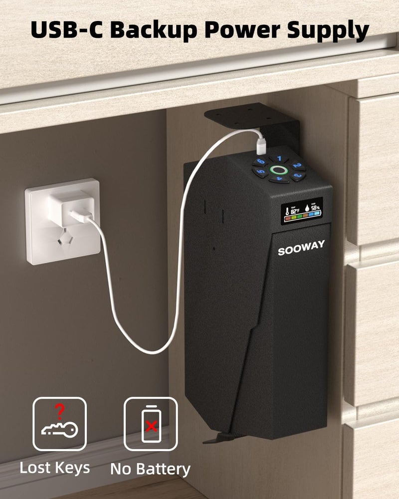 SOOWAY Gun Safe, Mounted Biometric Pistol Safe Drop Down Gun Lock Box for Handgun with 3 Ways Quick Access Bedside Pistol Case for Nightstand, Desk, Wall, Dresser - Image 4